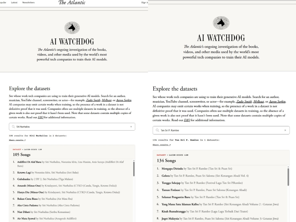 Tangkapan skrin daripada enjin carian AI Watchdog The Atlantic menunjukkan bilangan lagu oleh penyanyi Malaysia terpilih yang ditemui dalam set data.